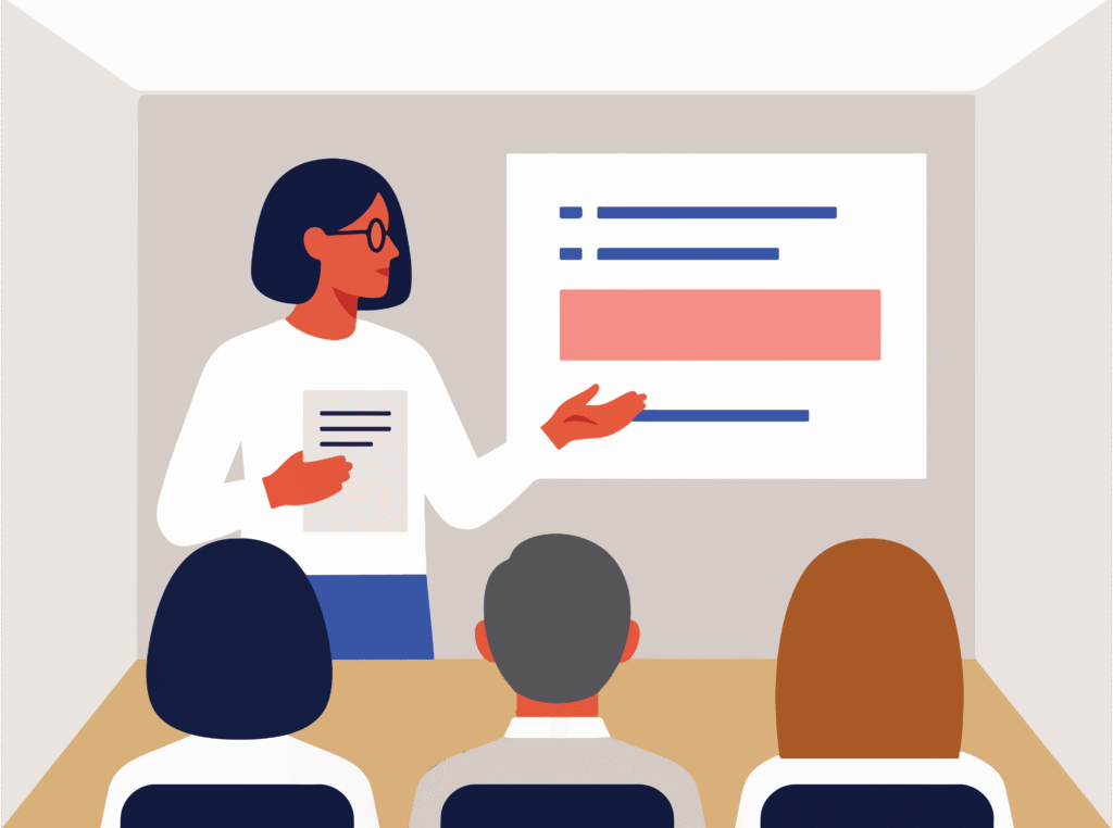 Illustration of a woman presenting to students in a classroom.