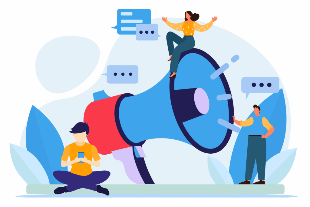 Illustration of people interacting around a giant megaphone with speech bubbles.